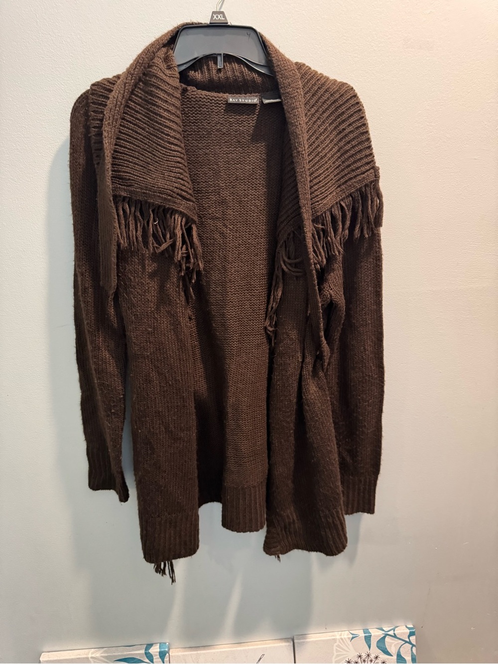 Bay Studio Chocolate Brown Open Front Fringe Knit Cardigan